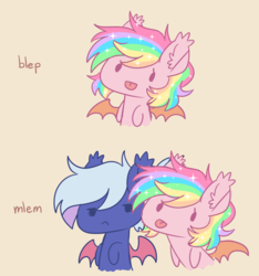 Size: 3276x3500 | Tagged: safe, artist:hawthornss, oc, oc only, oc:moon sugar, oc:paper stars, bat pony, :p, cute, ear fluff, high res, mlem, paperbetes, text, tongue out