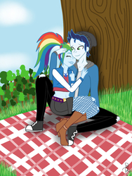 Size: 768x1024 | Tagged: safe, artist:ilaria122, rainbow dash, soarin', equestria girls, g4, boots, clothes, converse, cuddling, hat, male, midriff, outdoors, pants, picnic, ponytail, ship:soarindash, shipping, shoes, shorts, straight
