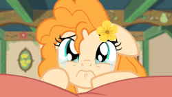 Size: 1280x720 | Tagged: safe, screencap, pear butter, pony, g4, the perfect pear, animated, bed, crying, cute, female, floppy ears, flower, flower in hair, gif, pearabetes, sad, sadorable, solo, woobie