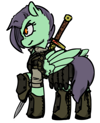 Size: 778x954 | Tagged: safe, artist:thebirdiebin, oc, oc only, oc:saving grace, pegasus, pony, armor, chrysamere, dungeons and dragons, grene, morrowind, ranger, simple background, solo, sword, the elder scrolls, transparent background, weapon