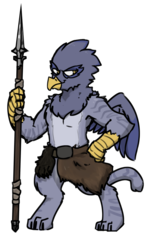 Size: 1100x1838 | Tagged: safe, artist:thebirdiebin, oc, oc only, oc:ghebhard, griffon, barbarian, bipedal, druid, dungeons and dragons, simple background, smiling, smirk, solo, spear, transparent background, weapon
