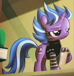 Size: 617x640 | Tagged: safe, lilymoon, pony, unicorn, ponyville mysteries, schoolhouse of secrets, book, female, filly, goth, solo, spiky hair, unamused