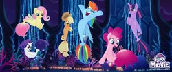 Size: 1200x503 | Tagged: safe, applejack, fluttershy, pinkie pie, rainbow dash, rarity, twilight sparkle, alicorn, earth pony, pegasus, seapony (g4), unicorn, g4, my little pony: the movie, applejack's hat, bubble, clothes, coral, cowboy hat, cute, dorsal fin, eyes closed, female, fin, fish tail, flowing mane, flowing tail, glowing, happy, hat, horn, logo, mane six, mare, ocean, open mouth, open smile, scales, seaponified, seapony applejack, seapony fluttershy, seapony pinkie pie, seapony rainbow dash, seapony rarity, seapony twilight, seaquestria, seaweed, see-through, smiling, species swap, swimming, tail, teeth, throne room, twilight sparkle (alicorn), underwater, water