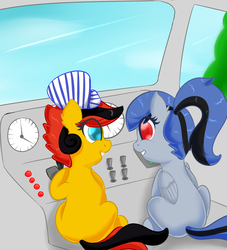 Size: 2900x3200 | Tagged: safe, artist:luciusheart, oc, oc only, oc:acela, oc:southern belle, earth pony, pegasus, pony, conductor, cute, high res, train