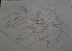 Size: 2976x2121 | Tagged: safe, artist:l3lackout, oc, oc only, oc:flux, pony, baby blanket, bottle, diaper, drool, high res, monochrome, non-baby in diaper, onesie, pacifier, poofy diaper, sketch, solo, traditional art