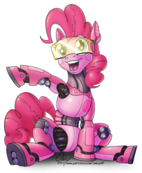 Size: 1000x1212 | Tagged: safe, artist:omny87, pinkie pie, pony, robot, robot pony, g4, featureless crotch, female, looking at you, open mouth, ponkbot, simple background, sitting, smiling, solo, spread legs, spreading, transparent background, underhoof, visor, waving