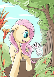 Size: 1240x1748 | Tagged: safe, artist:sea-maas, angel bunny, fluttershy, pegasus, pony, rabbit, g4, animal, cute, duo, female, floppy ears, flower, folded wings, happy, looking at someone, looking back, mare, open mouth, open smile, outdoors, path, shyabetes, smiling, tree, turned head, walk, walking, wings