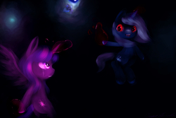 Size: 1500x1000 | Tagged: safe, artist:pipomanager-mimmi, trixie, twilight sparkle, alicorn, pony, g4, crying, magic, red eyes, twilight sparkle (alicorn)