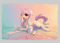 Size: 1527x1080 | Tagged: safe, artist:plainoasis, oc, oc only, oc:reverie, pony, unicorn, art trade, book, candy, female, food, ice cream, looking at you, lying down, mare, solo, writing, yawn