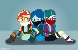Size: 1118x714 | Tagged: safe, artist:robukun, juniper montage, sunset shimmer, oc, oc:moonlight star, equestria girls, g4, bondage, boots, bound and gagged, cloth gag, clothes, damsel in distress, female, gag, glasses, help us, rope, rope bondage, shimmerbuse, shoes, socks, tied up