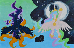 Size: 1280x834 | Tagged: safe, artist:jynkyz, princess celestia, princess luna, alicorn, pony, g4, eyes closed, moon, sky, sun, traditional art, watermark