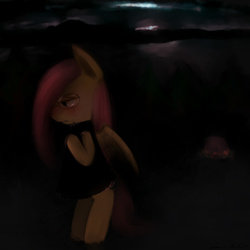 Size: 600x600 | Tagged: safe, artist:pipomanager-mimmi, fluttershy, bat pony, pony, g4, bipedal, crying, female, flutterbat, glasses, night, race swap, solo
