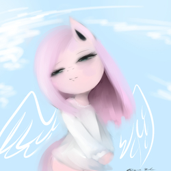 Size: 1000x1000 | Tagged: safe, artist:pipomanager-mimmi, fluttershy, semi-anthro, g4, beautiful, bipedal, clothes, female, sky, solo, sweater