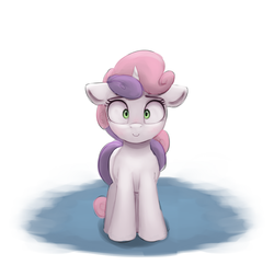 Size: 800x775 | Tagged: safe, artist:vanillaghosties, sweetie belle, pony, unicorn, g4, atg 2017, c:, cute, diasweetes, female, filly, floppy ears, looking at you, newbie artist training grounds, simple background, smiling, solo, white background, wide eyes