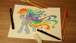 Size: 3264x1836 | Tagged: safe, artist:sentireaeris, rainbow dash, pegasus, pony, g4, colored pencil drawing, colored pencils, eraser, ethereal mane, female, floppy ears, flowing mane, grin, long tail, mare, multicolored hair, pen, smiling, solo, traditional art