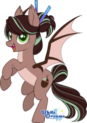 Size: 1499x2114 | Tagged: safe, artist:xwhitedreamsx, oc, oc only, oc:cocoa dot, bat pony, pony, bat pony oc, cute, fangs, female, mare, ocbetes, rearing, simple background, smiling, solo, transparent background