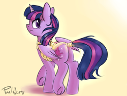 Size: 3021x2282 | Tagged: safe, artist:pucksterv, twilight sparkle, alicorn, pony, g4, armor, atg 2017, butt, cute, female, high res, looking back, mare, newbie artist training grounds, plot, simple background, solo, tail wrap, twiabetes, twibutt, twilight sparkle (alicorn), twilight sparkle is not amused, unamused, underhoof