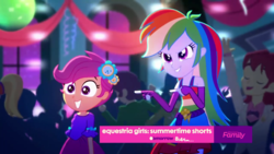 Size: 1280x720 | Tagged: safe, screencap, captain planet, cloudy kicks, indigo wreath, nolan north, rainbow dash, scootaloo, eqg summertime shorts, equestria girls, g4, raise this roof, clothes, discovery family logo, fall formal outfits, fingerless gloves, gloves