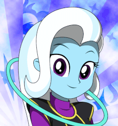 Size: 678x725 | Tagged: safe, artist:rosemile mulberry, trixie, equestria girls, g4, animated, clothes, dragon ball, dragon ball super, female, gif, looking at you, smiling, solo, whis