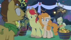 Size: 541x304 | Tagged: safe, screencap, bright mac, grand pear, granny smith, pear butter, earth pony, pony, g4, the perfect pear, animated, apple, boomerang (tv channel), clothes, cute, daaaaaaaaaaaw, father and daughter, father and son-in-law, female, food, gif, hat, hug, husband and wife, loop, love, male, marriage, mother and child, mother and daughter-in-law, mother and son, pear, pearabetes, pure, sad, sadorable, scarf, ship:brightbutter, shipping, squish, stallion, straight, wedding, wholesome, young grand pear, young granny smith, younger
