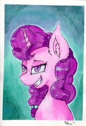 Size: 1693x2473 | Tagged: safe, artist:ruby dusk, sugar belle, pony, unicorn, g4, bust, female, grin, mare, portrait, simple background, smiling, solo, traditional art, watercolor painting