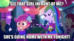 Size: 900x505 | Tagged: safe, edit, edited screencap, screencap, rainbow dash, scootaloo, eqg summertime shorts, equestria girls, g4, raise this roof, caption, clothes, double meaning, fall formal outfits, female, fingerless gloves, gloves, image macro, implied lesbian, implied scootadash, implied shipping, meme, this will end in jail time