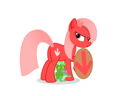 Size: 3541x2751 | Tagged: safe, gummy, oc, oc:downvote, oc:upvote, pony, derpibooru, g4, butt, defending, derpibooru ponified, downvote, female, filly, high res, looking at you, meta, plot, ponies riding gators, ponified, protecting, riding, shield