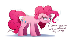 Size: 2000x1145 | Tagged: safe, artist:ncmares, pinkie pie, earth pony, pony, g4, atg 2017, cheek fluff, chest fluff, dialogue, ear fluff, female, floppy ears, frown, glare, looking at you, mare, newbie artist training grounds, sarcasm, simple background, solo, standing, unamused, white background