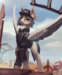 Size: 586x700 | Tagged: safe, artist:rodrigues404, oc, oc only, pegasus, pony, animated, cinemagraph, clothes, commission, enclave, fallout, gif, hat, military, raised hoof, smiling, solo, spread wings, wings