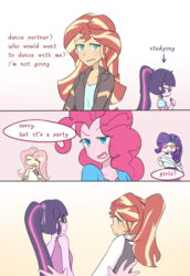 Size: 1280x1860 | Tagged: safe, artist:yuck, fluttershy, pinkie pie, rarity, sci-twi, sunset shimmer, twilight sparkle, equestria girls, g4, alternate clothes, blushing, clothes, comic, dancing, dress, female, lesbian, looking at each other, looking at you, party, pinkie the shipper, ship:sci-twishimmer, ship:sunsetsparkle, shipper on deck, shipping