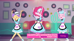 Size: 1920x1080 | Tagged: safe, screencap, pinkie pie, sunny sugarsocks, tip top, coinky-dink world, equestria girls, g4, my little pony equestria girls: summertime shorts, clothes, dancing, doo wop, eyes closed, milkshake malt, open mouth, poor quality, server pinkie pie, sweet snacks cafe