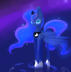 Size: 4133x4200 | Tagged: safe, artist:ophake, princess luna, alicorn, pony, g4, absurd resolution, female, mare, reflection, ripple, signature, solo, water