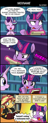 Size: 800x2020 | Tagged: safe, artist:uotapo, starlight glimmer, sunset shimmer, twilight sparkle, alicorn, pony, unicorn, equestria girls, equestria girls specials, g4, 4koma, book, clothes, comic, dialogue, female, glowing horn, horn, jealous, mare, speech bubble, teary eyes, twilight sparkle (alicorn)