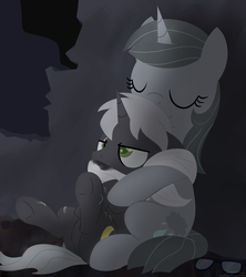 Size: 1920x2160 | Tagged: safe, artist:dtcx97, oc, oc only, oc:ashen winter, oc:midnight guide, pony, unicorn, fallout equestria, annoyed, clothes, colt, cuddling, cute, female, male, mare, pouting, ruins, scar, scarf