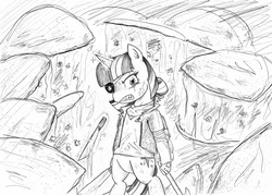 Size: 3360x2402 | Tagged: safe, artist:potatobug, derpibooru exclusive, twilight sparkle, alicorn, pony, g4, alternate hairstyle, angry, axe, bipedal, cheese, clothes, eyepatch, female, food, gloves, grayscale, high res, knife, monochrome, quesadilla, quesadilla monster, solo, surrounded, they're just so cheesy, twilight sparkle (alicorn), wat, weapon