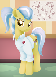 Size: 950x1312 | Tagged: safe, artist:dusthiel, doctor fauna, earth pony, pony, fluttershy leans in, g4, atg 2017, clothes, cute, doctor, drawing, faunabetes, female, looking at you, mare, newbie artist training grounds, ponytail, rolled up sleeves, smiling, solo