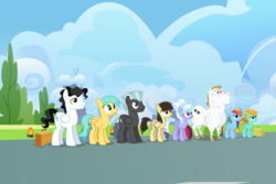 Size: 3750x2500 | Tagged: safe, alternate version, artist:tomfraggle, bulk biceps, cloudchaser, lightning dust, mercury, rainbow dash, starry eyes (g4), sunshower raindrops, thunderlane, wild fire, pegasus, pony, g4, wonderbolts academy, female, high res, male, mare, stallion, suitcase, vector