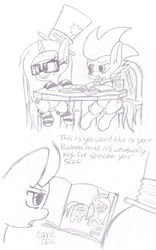 Size: 1857x2975 | Tagged: safe, artist:comet0ne, artist:katkathasahathat, oc, oc only, oc:ryn, oc:suisei, pony, book, chair, clothes, comic, dialogue, drawing, hat, heart, lilo and stitch, monochrome, smiling, socks, striped socks, table, traditional art