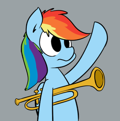 Size: 380x385 | Tagged: safe, anonymous artist, rainbow dash, pegasus, pony, g4, band geeks, female, gray background, is mayonnaise an instrument?, musical instrument, no catchlights, raised hoof, simple background, solo, spongebob squarepants, trumpet