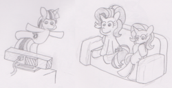Size: 1262x646 | Tagged: safe, artist:threetwotwo32232, starlight glimmer, trixie, twilight sparkle, alicorn, pony, g4, couch, female, kinect, mare, monochrome, newbie artist training grounds, pencil drawing, sitting, traditional art, twilight sparkle (alicorn), xbox one