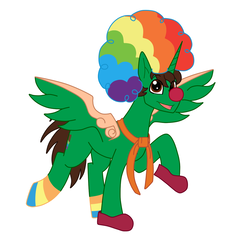 Size: 1024x1065 | Tagged: safe, artist:rosequartz1, oc, oc only, oc:frost d. tart, alicorn, pony, alicorn oc, clothes, clown, clown nose, clown shoes, male, rainbow wig, red nose, simple background, socks, solo, stallion, white background