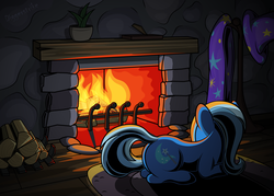 Size: 2808x2010 | Tagged: safe, artist:diggerstrike, trixie, pony, unicorn, g4, cape, clothes, female, fire, fireplace, firewood, hat, high res, solo, trixie's cape, trixie's hat