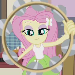 Size: 720x720 | Tagged: safe, screencap, fluttershy, equestria girls, g4, hamstocalypse now, my little pony equestria girls: rainbow rocks, clothes, cropped, female, musical instrument, skirt, solo, tambourine, tank top