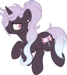 Size: 753x853 | Tagged: safe, artist:mourningfog, oc, oc only, oc:ultra violet, pony, unicorn, ear piercing, earring, jewelry, long mane, looking at you, piercing, ponytail, simple background, smiling, solo, transparent background