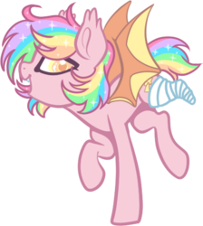 Size: 406x454 | Tagged: safe, artist:mourningfog, oc, oc only, oc:paper stars, bat pony, pony, amputee, bandage, cute, cute little fangs, ear fluff, fangs, missing limb, prancing, simple background, solo, transparent background