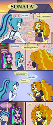 Size: 1024x2400 | Tagged: safe, artist:queentigrel, adagio dazzle, aria blaze, sonata dusk, equestria girls, g4, breasts, cleavage, clothes, comic, dress, mamadagio, pigtails, ponytail, skirt, the dazzlings, twintails, wall drawing