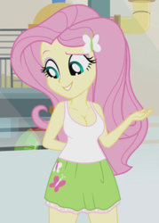 Size: 516x720 | Tagged: safe, edit, edited screencap, editor:ah96, screencap, fluttershy, equestria girls, g4, hamstocalypse now, my little pony equestria girls: rainbow rocks, breast edit, breasts, busty fluttershy, cleavage, clothes, cropped, female, miniskirt, skirt, solo, tank top