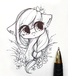 Size: 1024x1146 | Tagged: safe, artist:chimeeri, oc, oc only, pony, bust, floppy ears, flower, flower in hair, monochrome, solo, traditional art