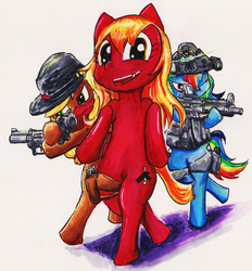 Size: 1752x1888 | Tagged: safe, artist:mr.candy_owo, applejack, rainbow dash, oc, oc:blitz ash, pony, g4, clothes, gun, hat, ponies with guns, simple background, standing, traditional art, weapon