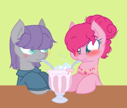Size: 914x774 | Tagged: safe, artist:jaysey, artist:joey darkmeat, maud pie, pinkie pie, earth pony, pony, g4, alternate hairstyle, base used, blushing, clothes, female, jewelry, mare, milkshake, necklace, sharing a drink, sibling love, silly, sisterly love, straw